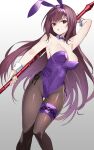  amagasa_yun animal_ears bunny_ears bunny_girl fate/grand_order fishnets garter no_bra pantyhose scathach_(fate/grand_order) weapon 