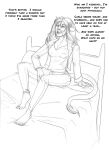  amanda_(tcitw) anthro arania barefoot bed breasts cleavage clothed clothing dialogue english_text feet felid female furniture hair herm_(lore) hi_res lion mammal monochrome open_mouth pantherine pillow solo tail_tuft text the_cabin_in_the_woods_(arania) tuft whiskers 
