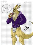  absurd_res anthro artificial_selection big_chest clothed clothing digital_coloring drinking fur hi_res jockstrap kangaroo long_tail macropod male mammal marsupial muscular muscular_male partially_clothed rick_(character) rick_(sybervenn) solo sybervenn traditional_media_(artwork) underwear yellow_body yellow_fur 