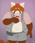 2017 ailurid anthro belly blush bottomwear brown_body brown_fur clothing eyewear fur glasses humanoid_hands male mammal navel osos overweight overweight_male red_panda shirt shorts simple_background topwear 