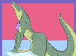  2021 anthro athena_(f_draws) bikini breasts clothed clothing crocodilian crocodylid digital_media_(artwork) f_draws female green_body green_scales hi_res looking_at_viewer muscular muscular_anthro muscular_female narrowed_eyes non-mammal_breasts pupils reptile scales scalie sharp_teeth simple_background slit_pupils solo swimwear teeth thick_tail yellow_sclera 