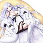  1girl azur_lane bare_shoulders boots breasts cleavage coat dress elbow_gloves enchuu_kakiemon eyebrows_visible_through_hair feather_boa feet_out_of_frame fur_collar gloves halterneck highres knee_up large_breasts long_hair looking_at_viewer lying mole mole_on_breast multicolored_hair on_back parted_lips red_eyes red_hair sleeveless sleeveless_dress solo streaked_hair tallinn_(azur_lane) thigh_boots thighhighs white_coat white_dress white_footwear white_gloves white_hair 