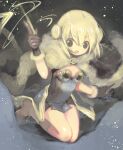  1girl bangs black_eyes blonde_hair boots breasts brown_cape brown_dress brown_footwear brown_gloves cape commentary_request double_bun dress eyebrows_visible_through_hair full_body fur-trimmed_cape fur-trimmed_gloves fur_trim gloves hair_between_eyes high_wizard_(ragnarok_online) holding holding_wand jakushou_archer katheryne_keyron kneeling looking_at_viewer open_mouth ragnarok_online short_dress short_hair solo strapless strapless_dress two-tone_dress wand white_dress 