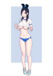  1girl animal_ears bare_legs black_hair breasts brown_eyes bunny_ears commentary_request eyebrows_visible_through_hair fake_animal_ears full_body gym_shirt gym_shorts gym_uniform hairband highres large_breasts long_hair looking_at_viewer micro_shorts navel no_bra original parted_lips shirt shoes short_sleeves shorts simple_background smile sneakers solo stomach two-tone_background underboob white_shirt yuuji_(and) 
