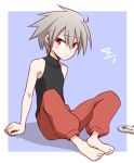  1boy barefoot controller elena_trafalgar game_controller gamepad genderswap genderswap_(ftm) highres ikune_juugo male_focus original red_eyes short_hair silver_hair simple_background sleeveless solo 