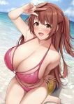  1girl :d barefoot beach bikini blue_sky breasts brown_eyes brown_hair cloud collarbone commentary_request curvy day fou_zi hair_ribbon hand_up highres huge_breasts long_hair looking_at_viewer nozomi_(princess_connect!) o-ring o-ring_bikini o-ring_bottom o-ring_top ocean open_mouth outdoors pink_bikini princess_connect! princess_connect!_re:dive red_ribbon ribbon sitting sky smile solo swimsuit toes v 