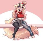  &lt;3 absurd_res anthro big_breasts breasts bulge cleavage clothed clothing demon felid feline genital_outline gynomorph hi_res horn intersex legwear limebreaker mammal penis_outline solo thigh_highs tongue tongue_out under_boob 