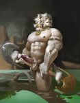  5_fingers abs ajani_goldmane anthro axe bodily_fluids braided_hair catfolk erection felid feline fingers fur genital_fluids genitals hair hasbro hi_res holding_object holding_weapon humanoid_genitalia humanoid_penis jiandou leonin lion magic:_the_gathering male mammal melee_weapon muscular muscular_anthro muscular_male navel nipples pantherine partially_submerged pecs penis solo standing vein water weapon white_body white_fur wizards_of_the_coast 