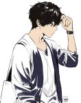  1boy artist_logo bag bangs black_hair closed_mouth collarbone from_side green_eyes grey_jacket hand_in_hair hand_up highres hyouka jacket long_sleeves male_focus mery_(yangmalgage) oreki_houtarou profile shirt signature simple_background sleeves_past_elbows solo upper_body watch white_background wristwatch 