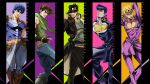  5boys artist_request battle_tendency black_gloves black_hair blonde_hair blue_eyes blue_hair brown_hair clothing_cutout copyright_name diamond_wa_kudakenai english_text fingerless_gloves giorno_giovanna gloves happy hat heart_cutout higashikata_josuke highres jojo_no_kimyou_na_bouken jojo_pose jonathan_joestar joseph_joestar joseph_joestar_(young) kujo_jotaro looking_at_viewer multiple_boys official_art phantom_blood pompadour pose scarf serious shirt short_hair smile standing stardust_crusaders vento_aureo wallpaper 