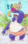  2017 anthro black_bear blue_body blue_fur blush bottomwear brown_body brown_fur canid canine canis carrying clothing coyote duo fur humanoid_hands male male/male mammal moon_bear osos outside overweight overweight_male shirt shorts topwear ursid ursine 