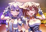  2girls ;3 ;d absurdres ahoge alternate_costume animal_ears bangs blush bone_hair_ornament breasts brown_hair cartoon_bone cat_ears cat_tail cleavage deaver dog_ears dog_tail eyebrows_visible_through_hair fangs gloves hair_ornament hair_ribbon hand_up highres hololive inugami_korone large_breasts looking_at_viewer multiple_girls nekomata_okayu one_eye_closed open_mouth purple_hair ribbon short_hair sleeveless smile tail upper_body v virtual_youtuber white_gloves yellow_ribbon 