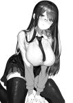  1girl blush breasts cleavage eyebrows_visible_through_hair glasses greyscale highres kneeling koruse large_breasts long_hair long_sleeves looking_at_viewer monochrome necktie original simple_background skirt solo thighhighs thighs white_background zettai_ryouiki 