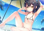  1girl armpits arms_up bare_arms bare_shoulders beach beach_umbrella bikini black_hair blue_sky closed_mouth collarbone day fate/kaleid_liner_prisma_illya fate_(series) flat_chest frilled_bikini frills front-tie_bikini front-tie_top knee_up long_hair looking_at_viewer micro_bikini miyu_edelfelt multi-strapped_bikini navel one_side_up outdoors sitting sky solo stomach string_bikini swimsuit thighs umbrella water wet white_bikini yan_(nicknikg) yellow_eyes 