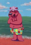  2017 anthro beach belly blush clothing hat headgear headwear humanoid_hands male mammal navel osos outside overweight overweight_male seaside swimwear ursid water 