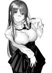  1girl blush breasts cleavage eyebrows_visible_through_hair glasses greyscale highres koruse large_breasts long_hair long_sleeves looking_at_viewer monochrome necktie original simple_background skirt solo thighhighs thighs wet wet_clothes white_background 