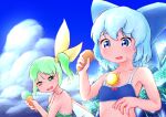  2girls alternate_costume artist_name bangs bare_shoulders bikini blue_bikini blue_hair blue_ribbon blue_sky blue_wings blush bow bow_bikini breasts child cirno cloud collarbone commentary_request crystal daiyousei dated day eyebrows_visible_through_hair fairy_wings female_pervert food food_on_body food_on_face frilled_bikini frills glint green_bikini green_eyes green_hair hair_ribbon half-closed_eyes hand_up hands_up happy holding holding_food ice ice_cream ice_cream_cone ice_wings katsura_dendou looking_at_another medium_breasts multiple_girls one_side_up open_mouth outdoors pervert ribbon shiny shiny_hair short_hair sidelocks signature sky small_breasts smile swimsuit tied_hair touhou upper_body wings yellow_ribbon 