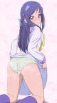  1girl acchi_(koiyimknp) ass blue_eyes blue_hair blush closed_mouth cum cum_on_ass cum_on_clothes cum_on_thighs dokidoki!_precure from_behind green_panties heart heart_background highres hishikawa_rikka kneeling long_hair looking_at_viewer looking_back oogai_daiichi_middle_school_uniform panties pink_background precure print_panties school_uniform semi-rimless_eyewear socks solo thighs underwear wavy_mouth 