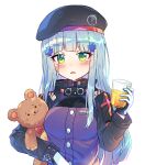  1girl absurdres bangs beret black_headwear blue_hair blush breasts caramell0501 cup drink drinking_glass eyebrows_visible_through_hair german_flag girls_frontline green_eyes hair_ornament hand_up hat highres hk416_(girls_frontline) holding holding_cup jacket long_hair long_sleeves looking_at_viewer object_hug parted_lips purple_jacket simple_background small_breasts solo stuffed_animal stuffed_toy teddy_bear upper_body very_long_hair white_background 