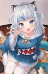  1girl :d animal animal_ear_fluff animal_ear_legwear animal_ears arm_support bangs bell blue_eyes blue_footwear blue_hair blue_hoodie blue_nails blush boots cat cat_ear_legwear cat_ears claw_pose commentary english_commentary eyebrows_visible_through_hair fake_animal_ears fish_tail gawr_gura hair_ornament hairband hand_up highres hitsukuya hololive hololive_english hood hood_down hoodie jingle_bell long_hair long_sleeves looking_at_viewer multicolored_hair nail_polish on_floor open_mouth shark_tail sharp_teeth signature silver_hair sleeves_past_wrists smile solo streaked_hair tail teeth two_side_up virtual_youtuber white_legwear wide_sleeves wooden_floor yarn yarn_ball 