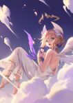  1girl above_clouds angel_wings backless_dress backless_outfit blonde_hair bracelet broken_heart clothing_request cloud commentary_request dawn dress flying green_eyes highres jewelry jun_luo laurel_crown open_mouth original reclining solo tagme white_dress wings 