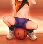  1girl ball basketball basketball_uniform bike_shorts blurry blurry_background breasts cameltoe close-up endou_hiroto head_out_of_frame highres indoors navel nipples original shirt_lift shoes sitting_on_ball skindentation small_breasts sneakers solo sportswear 