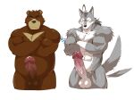  2021 anthro balls barazoku big_penis blush brown_body brown_fur canid canine canis duo erection fur genitals grey_body grey_fur juuichi_mikazuki kemono male mammal morenatsu musclegut muscular muscular_male overweight overweight_male penis shirako simple_background ten_kodori ursid video_games visual_novel white_background white_body white_fur wolf 