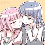  2girls artist_name blue_hair blush cheek-to-cheek long_hair magia_record:_mahou_shoujo_madoka_magica_gaiden mahou_shoujo_madoka_magica multiple_girls nanami_yachiyo one_eye_closed pink_hair school_uniform serafuku smile studiozombie tamaki_iroha yuri 