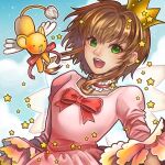  1girl :d absurdres blue_sky blush bow brown_hair cardcaptor_sakura cloud crown day dress green_eyes highres kero kinomoto_sakura long_sleeves open_mouth outdoors pink_dress red_bow short_hair_with_long_locks sky smile star_(symbol) upper_body xindi_(xinjong) 