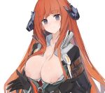  1girl arknights bagpipe_(arknights) black_eyes black_gloves black_jacket blush breasts closed_mouth collared_shirt commentary dragon_horns eyebrows_visible_through_hair gloves highres horns inverted_nipples jacket large_breasts long_hair looking_at_viewer mikojin nipples no_bra open_clothes open_jacket open_shirt orange_hair shirt simple_background smile solo straight_hair strap upper_body white_background white_shirt 