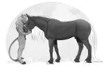  2019 anthro crimsonking duo embrace equid equine eyes_closed felid feral genitals horse intricatevision lion long_tail looking_down male mammal monochrome nude pantherine smile standing 