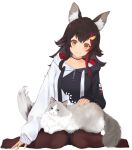  1girl ^_^ animal_ear_fluff animal_ears animal_on_lap animated black_hair black_hoodie cat closed_eyes closed_mouth ear_wiggle flipped_hair highlights hololive hood hoodie long_hair looking_at_animal looking_at_viewer multicolored_hair ookami_mio pantyhose petting piisu red_hair sidelocks sitting solo taiga_(ookami_mio) tail tail_wagging two-tone_hoodie virtual_youtuber wariza white_hoodie wolf_ears wolf_girl yellow_eyes 