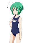 1girl antennae bare_arms bare_shoulders blue_swimsuit cato_(monocatienus) collarbone commentary_request covered_navel cowboy_shot green_eyes green_hair hand_on_hip highres looking_at_viewer name_tag old_school_swimsuit open_mouth school_swimsuit short_hair simple_background solo swimsuit touhou white_background wriggle_nightbug 
