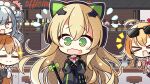  &gt;_&lt; +_+ 4girls 7:08 animal_ears bangs blonde_hair blush blush_stickers brown_hair cafe cat_ear_headphones chair character_request cheering chibi closed_eyes commentary_request embarrassed eyebrows_visible_through_hair eyewear_on_head fake_animal_ears gift girls_frontline green_eyes hair_between_eyes hair_ornament hair_ribbon headphones highres holding holding_gift kalina_(girls_frontline) long_hair long_sleeves looking_at_viewer m1903_springfield_(girls_frontline) multiple_girls open_mouth orange_hair ribbon sidelocks smile star_(symbol) sunglasses table tail tail_ornament tmp_(girls_frontline) upper_body 