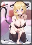  1girl all_fours animal_ear_fluff animal_ear_legwear animal_ears bangs bare_arms bare_shoulders bed_sheet bell bikini_pull black_choker black_hairband black_legwear blonde_hair blue_eyes blush breasts cat_ear_legwear cat_ears cat_tail choker cleavage closed_mouth clothes_pull collarbone commentary_request eyebrows_visible_through_hair fake_animal_ears fake_tail frown full_body guangsupaomian hair_over_shoulder hairband hanging_breasts highres jingle_bell large_breasts long_hair looking_at_viewer low_ponytail neck_bell original pillow pulled_by_self recording signature solo steaming_body swept_bangs tail thighhighs 