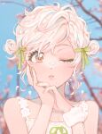  1girl 43_pon artist_name bangs bare_shoulders blurry blurry_background braid breasts cherry_blossoms collarbone day double_bun dress eyelashes falling_petals flower french_braid green_nails green_ribbon hair_ribbon hand_on_own_cheek hand_on_own_face hands_up highres light_blush lips messy_hair nail_polish on_nose one_eye_closed original outdoors parted_lips petals pink_eyes pink_flower pink_hair ribbon short_hair sky small_breasts solo swept_bangs symbol_commentary upper_body white_dress wristband 
