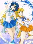  2girls :o absurdres aino_minako back_bow bishoujo_senshi_sailor_moon blonde_hair blue_bow blue_eyes blue_footwear blue_hair blue_neckwear blue_sailor_collar blue_skirt boots bow brooch choker circlet closed_mouth cowboy_shot elbow_gloves gloves hair_bow highres huge_filesize hydrokinesis inner_senshi jewelry knee_boots long_hair looking_at_viewer magical_girl memory_(prophet5) mizuno_ami multiple_girls open_mouth orange_footwear orange_neckwear orange_sailor_collar orange_skirt pleated_skirt purple_background red_bow sailor_collar sailor_mercury sailor_senshi sailor_venus shoes short_hair skirt smile star_(symbol) star_choker super_sailor_mercury super_sailor_venus venus_love_me_chain water white_gloves yellow_bow 