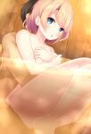  1boy 1girl bangs bathing blonde_hair blue_eyes blush breasts collarbone covering covering_breasts esia_mariveninne eyebrows_visible_through_hair hetero komone_ushio legs looking_at_viewer mixed_bathing nude original parted_lips partially_submerged short_hair sitting thighs wet 