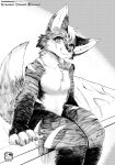  absurd_res anthro bed biped canid canine cheek_tuft chest_tuft claws facial_tuft featureless_chest fluffy fluffy_tail fur furniture greyscale hair hi_res inner_ear_fluff looking_at_viewer male mammal monochrome murazaki nude paws sitting smile solo thick_thighs tuft 