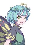  1girl :d absurdres antennae aqua_hair bangs butterfly_wings eternity_larva eyebrows_behind_hair from_side highres kame_(kamepan44231) leaf leaf_on_head looking_at_viewer one-hour_drawing_challenge open_mouth short_hair short_sleeves simple_background smile solo touhou upper_body white_background wings yellow_eyes yellow_wings 