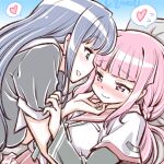  2girls artist_name blue_hair blush braid eye_contact hand_on_another&#039;s_chin heart long_hair looking_at_another low_ponytail magia_record:_mahou_shoujo_madoka_magica_gaiden mahou_shoujo_madoka_magica multiple_girls nanami_yachiyo pink_hair school_uniform serafuku spoken_heart studiozombie tamaki_iroha yuri 