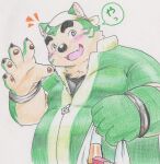  2021 anthro blush canid canine canis clothed clothing domestic_dog fur green_body green_fur hi_res humanoid_hands japanese_text kemono live-a-hero male mammal mokdai overweight overweight_male solo tabasukotrr text traditional_media_(artwork) video_games 