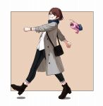  1girl anglerfish bag blue_eyes blush boots coat copyright_request grin highres ibara_hiyori pants short_hair shoulder_bag smile takimoto_nao virtual_youtuber walking 