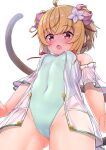  1girl :o ahoge andira_(granblue_fantasy) animal_ears ass_visible_through_thighs bare_shoulders blonde_hair blue_swimsuit blush breasts casual_one-piece_swimsuit chaostein commentary_request covered_navel double_bun flower from_below granblue_fantasy groin hair_flower hair_ornament looking_at_viewer looking_down monkey_ears monkey_girl monkey_tail one-piece_swimsuit open_mouth see-through simple_background small_breasts solo swimsuit tail white_background white_flower 