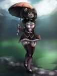  2021 3:4 anthro black_hair breasts clothing female footwear general-irrelevant grey_body hair hi_res holding_object holding_umbrella looking_up mammal on_one_leg open_mouth outside purple_eyes raining shoes solo standing thick_thighs umbrella ursid 