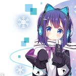  1girl animal_ears artist_name bangs black_jacket blue_eyes cat_ear_headphones cat_ears closed_mouth deyui eyebrows_visible_through_hair fake_animal_ears fringe_trim fuiba_fuyu gochuumon_wa_usagi_desu_ka? hands_up headphones highres jacket long_sleeves looking_at_viewer off_shoulder open_clothes open_jacket purple_hair scarf shirt sleeves_past_fingers sleeves_past_wrists snowflake_background solo white_scarf white_shirt 