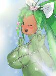  2021 5_fingers absurd_res areola big_breasts blaster_master blush breasts butt dripping_wet elemental_creature elemental_humanoid eyelashes female fingers flora_fauna flower green_body green_hair green_nipples hair hi_res humanoid kanna_(blaster_master) looking_at_viewer mdthetest nipples one_eye_closed open_mouth open_smile plant plant_humanoid sky smile solo sparkles video_games water wet 