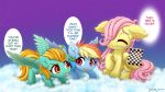  2021 absurd_res checkered_flag cloud dialogue digital_media_(artwork) english_text equid equine eyes_closed feathered_wings feathers female feral fluttershy_(mlp) friendship_is_magic group hair hair_over_eye hi_res lightning_dust_(mlp) mammal mouth_hold multicolored_hair multicolored_tail my_little_pony one_eye_obstructed pegasus pink_hair rainbow_dash_(mlp) rainbow_hair rainbow_tail symbianl text tongue tongue_out two_tone_hair wings young 