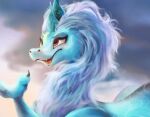  2021 blue_body blue_fur disney dragon fur horn light lighting open_mouth open_smile outside raya_and_the_last_dragon shaded sisu_(ratld) smile solo tohupo 