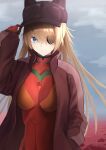  1girl absurdres blonde_hair blue_eyes breasts cloud cloudy_sky coat covered_navel cowboy_shot eyepatch hand_in_pocket hand_on_headwear hat highres hiroserii long_hair medium_breasts neon_genesis_evangelion plugsuit rebuild_of_evangelion shikinami_asuka_langley sky solo souryuu_asuka_langley 